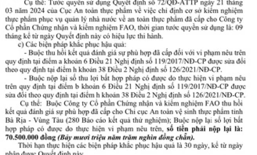 Công ty kiểm nghiệm thực phẩm FAO thu hồi 280 kết quả thử nghiệm đã cấp