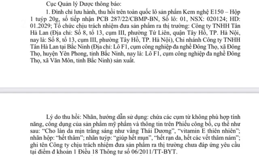 Thu hồi toàn quốc lô sản phẩm kem nghệ E150 'giúp hết mụn'